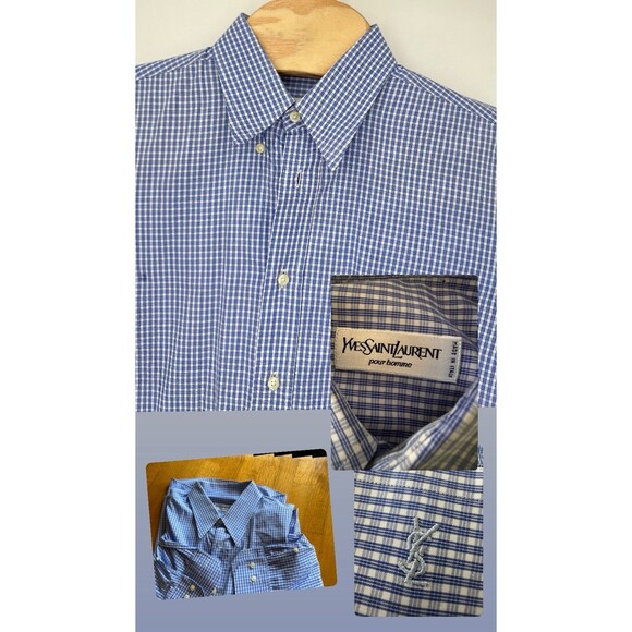 Yvest Saint Lauren Other - VTG Yves Saint‎ Laurent Dress Shirt Mens 16.5 Blue White Plaid Gingham Button Up